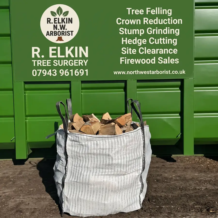 R. Elkin Tree Surgery firewood — seasoned mixed logs with business contact details