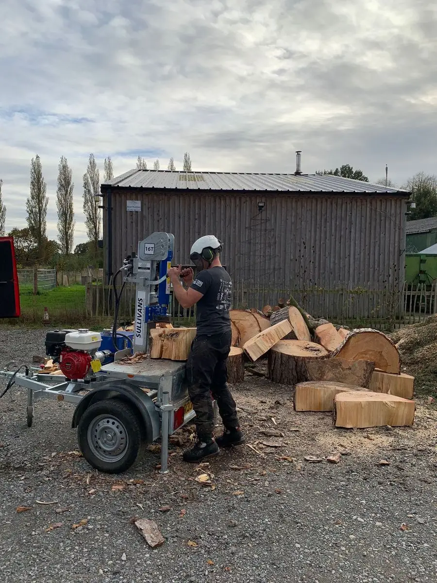 Tree surgeon processing logs with a log splitter at a yard