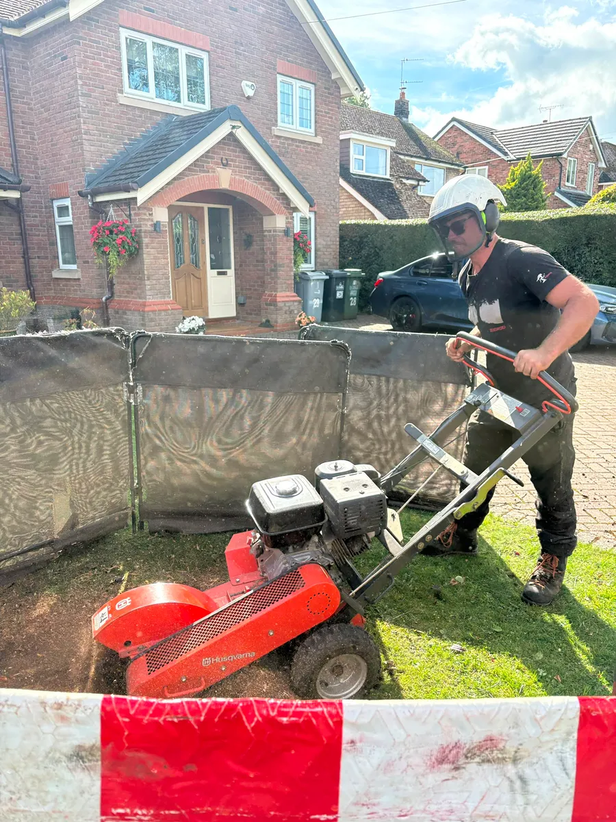 Ryan in helmet and visor working a narrow access stump grinder on a front lawn, debris screens set up around it